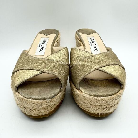Jimmy Choo Paisley Crisscross Espadrille Wedge Sandals in Gold Shimmer Size 37 - Picture 5 of 11